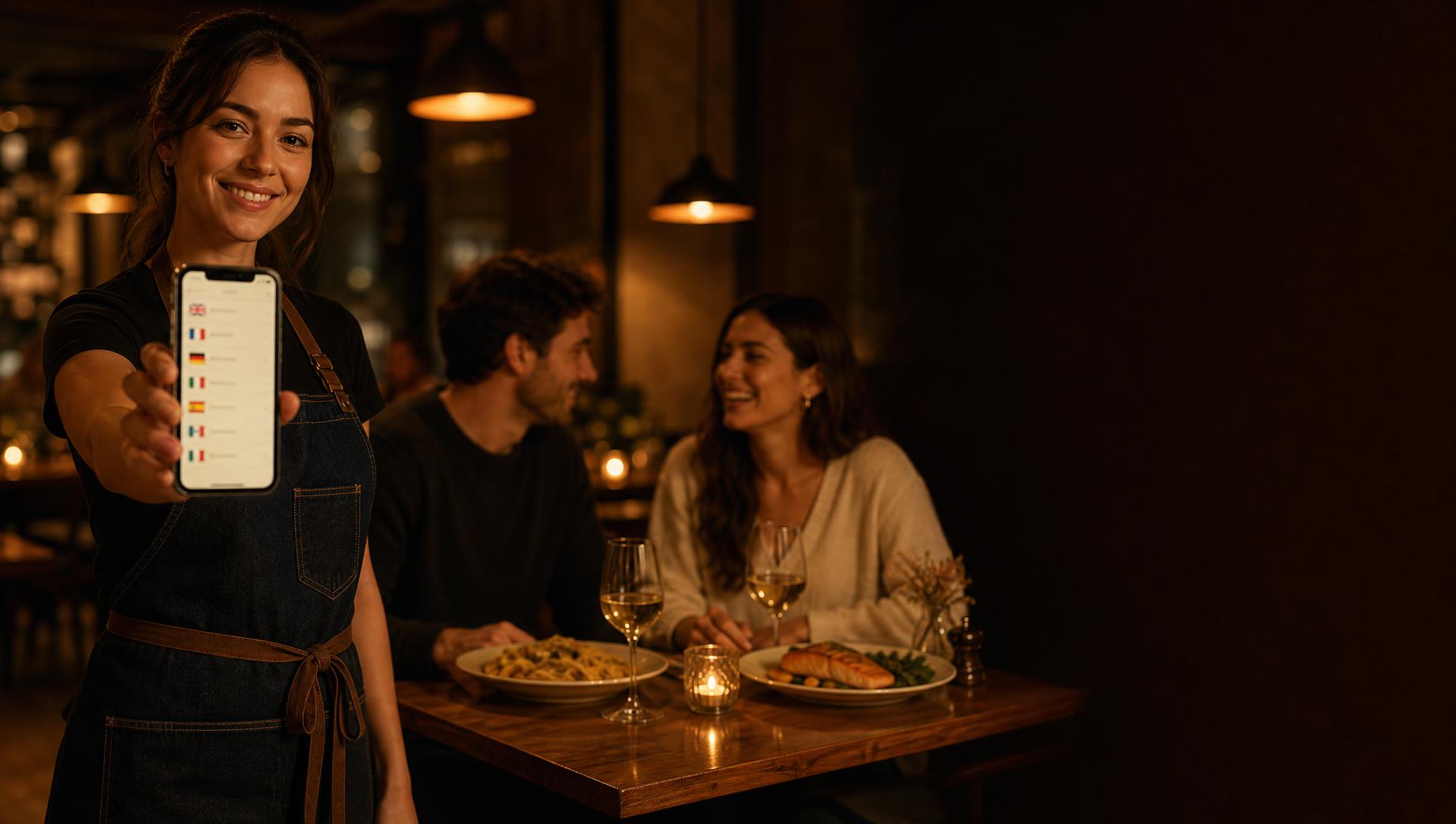 Serveuse présentant la carte du restaurant traduite en 15 langues sur un smartphone